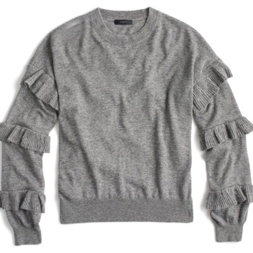 J. Crew Womens Gray Wool Ruffle Long Sleeve Sweater Small Knit Crewneck